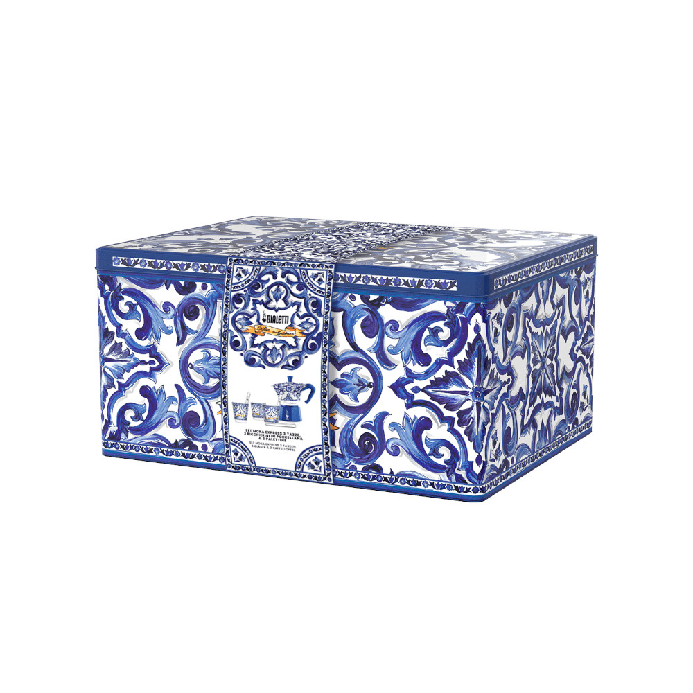 Geschenkbox Dolce & Gabbana Moka Express 3 Tassen Blu Mediterraneo + 3 Espressobecher und Rührstäbchen