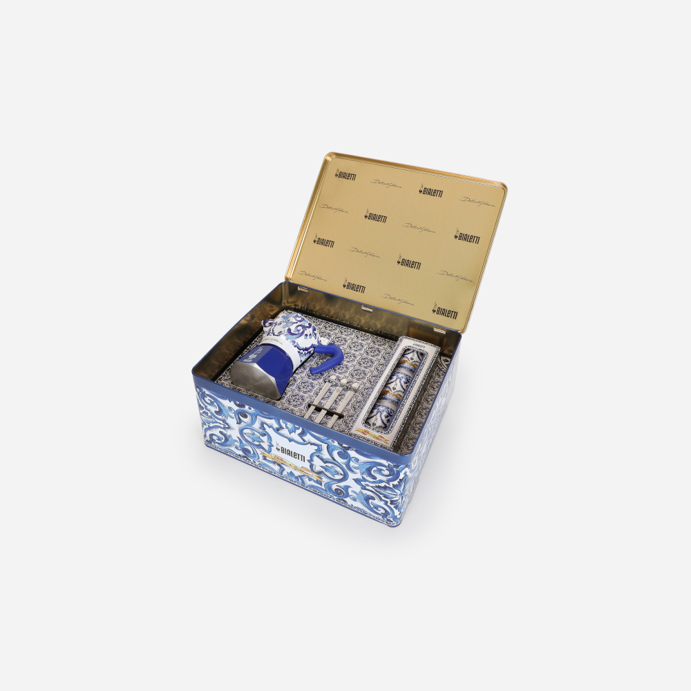 Geschenkbox Dolce & Gabbana Moka Express 3 Tassen Blu Mediterraneo + 3 Espressobecher und Rührstäbchen