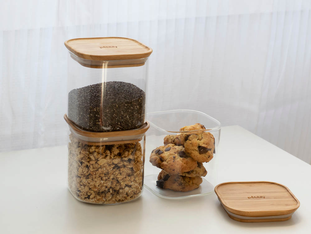 Vorratsdose quadratisch Glas/Bambus