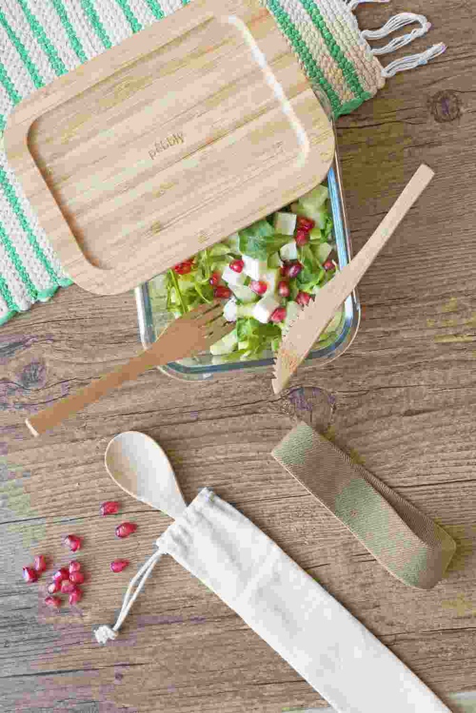 Lunchbox recht. flach mit Besteck Glas/Bambus 1l