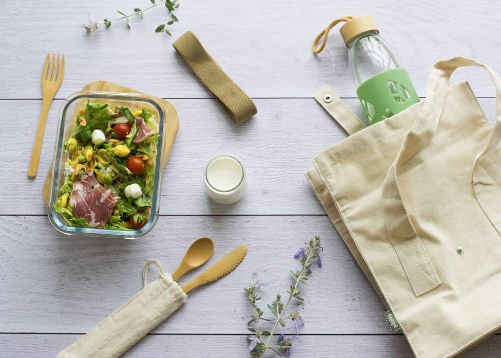 Lunchbox recht. flach mit Besteck Glas/Bambus 1l