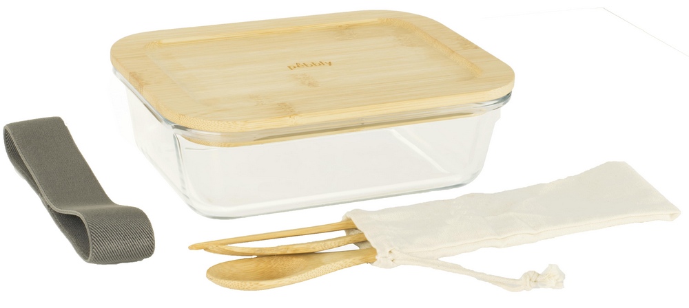 Lunchbox recht. flach mit Besteck Glas/Bambus 1l