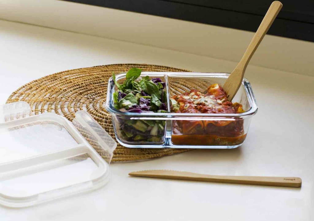 Frischhaltedose rechteckig mit 2 luftdichten Abteilungen Glas/PP