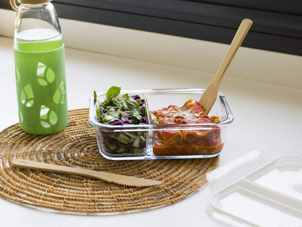 Frischhaltedose rechteckig mit 2 luftdichten Abteilungen Glas/PP