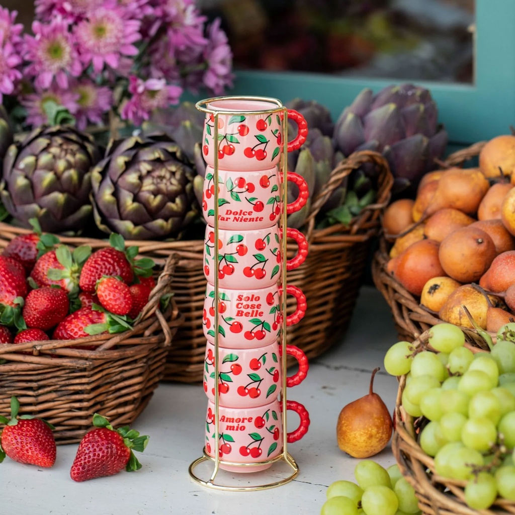 Mercato Della Frutta 6 stapelbare Espressotassen mit Metallgestell – Kirsche 