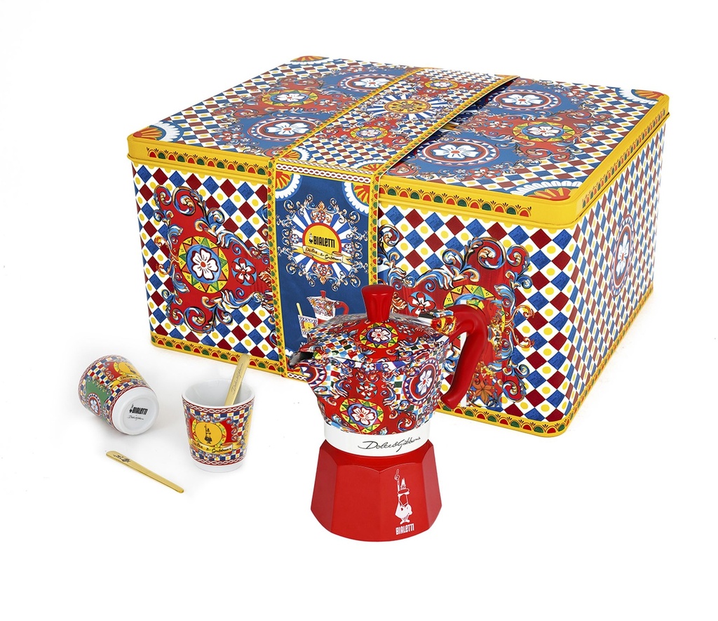 Geschenkbox Dolce & Gabbana Moka Express 2 Tassen Carretto Siciliano + 2 Espressobecher und Rührstäbchen