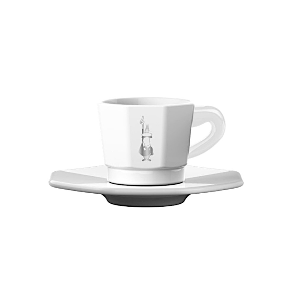 4 Stück achteckige Espressotassen mit Untertassen weiß