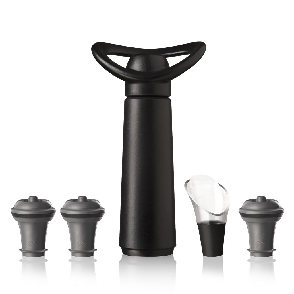 Weinpumpen Set Concerto schwarz in Geschenkverpackung (1 Pumpe, 3 Stopper, 1 Weinausgießer)