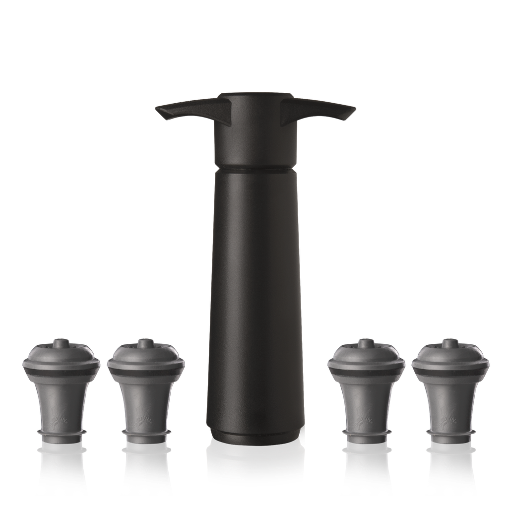 Weinpumpe schwarz (1 Pumpe, 4 Wein Stopper) Faltschachtel 