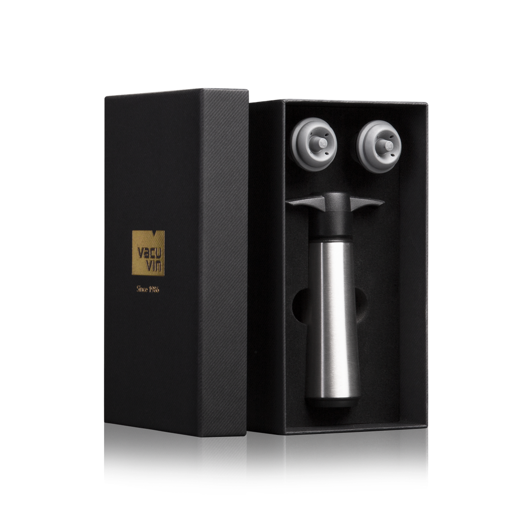 Weinpumpe Edelstahl in Geschenkbox (1 Pumpe, 2 Stopper) 