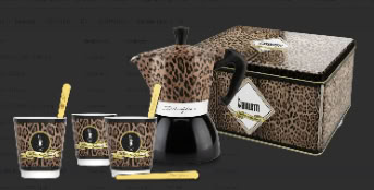 Geschenkbox Dolce & Gabbana Moka Express Induktion 4 Tassen Leopard + 3 Espressobecher und Rührstäbchen