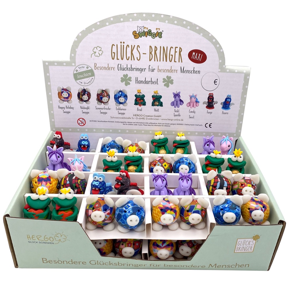 Set Glücksbringer gemischt (Frösche, Drachen, Einhörner, Maxi-Schweinchen) im Display, 64 Stück