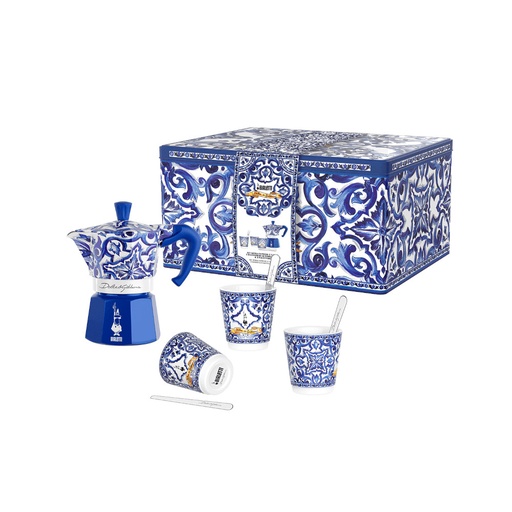 [JE5359] Geschenkbox Dolce & Gabbana Moka Express 3 Tassen Blu Mediterraneo + 3 Espressobecher und Rührstäbchen