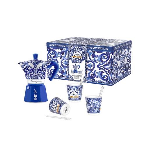 [JE5360] Geschenkbox Dolce & Gabbana Moka Express 6 Tassen Blu Mediterraneo + 3 Espressobecher und Rührstäbchen