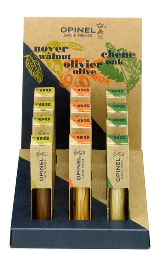 [OP002029] Display Klappmesser Luxus Edelstahl N°08 12-teilig Olive/Nuss/Eiche