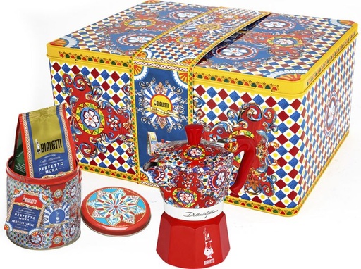 [JE5331] Geschenkbox Dolce & Gabbana Moka Express 3 Tassen Carretto Siciliano + Kaffeedose Dolce & Gabbana Perfetto Moka Irresistibile 200g