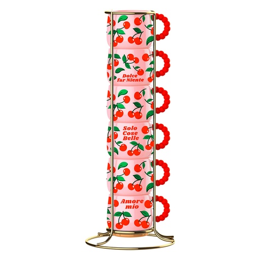 [JEPFRUIT007] Mercato Della Frutta 6 stapelbare Espressotassen mit Metallgestell – Kirsche